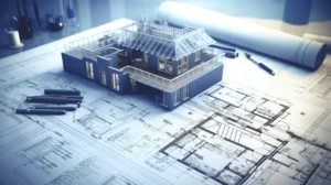 A detailed architectural model of a building sits atop a large blueprint, surrounded by pens and a rolled-up architectural plan. The model features a modern design with glass panels and a rooftop terrace, showcasing intricate planning and design elements. The cool lighting highlights the precision of the blueprint, emphasizing a professional architectural workspace.